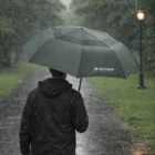 Person holding a Hurricane Senator Mirella Umbrella in the rain on a park path, seen from behind.