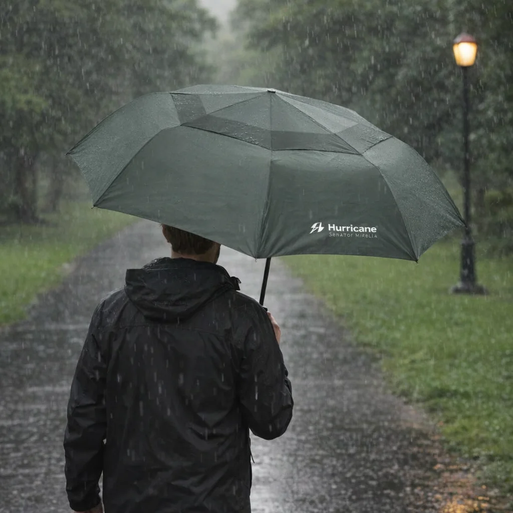 Person holding a Hurricane Senator Mirella Umbrella in the rain on a park path, seen from behind.