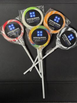 Five colorful lollipops with “Australian Headache Migraine Clinics” branding. Minimum Order Quantity applies.