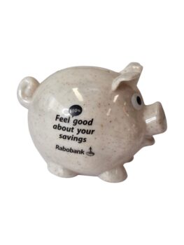 Beige piggy bank, perfect as physical merchandise with Feel good about your savings Rabobank printed.