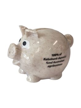 Beige piggy bank: 100% of Rabobank deposits fuel Aussie agribusiness—great marketing tool!.