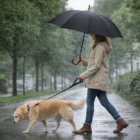Woman walking a dog in the rain under a Cade Umbrellas on a tree-lined path.
