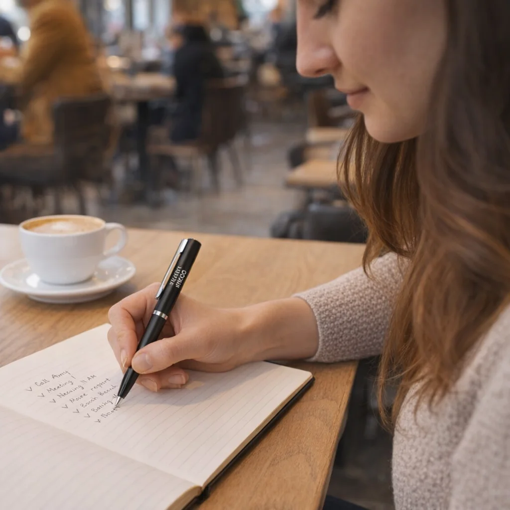 A woman writes in a notebook at a café with her Waterman Allure Series pen and coffee nearby.