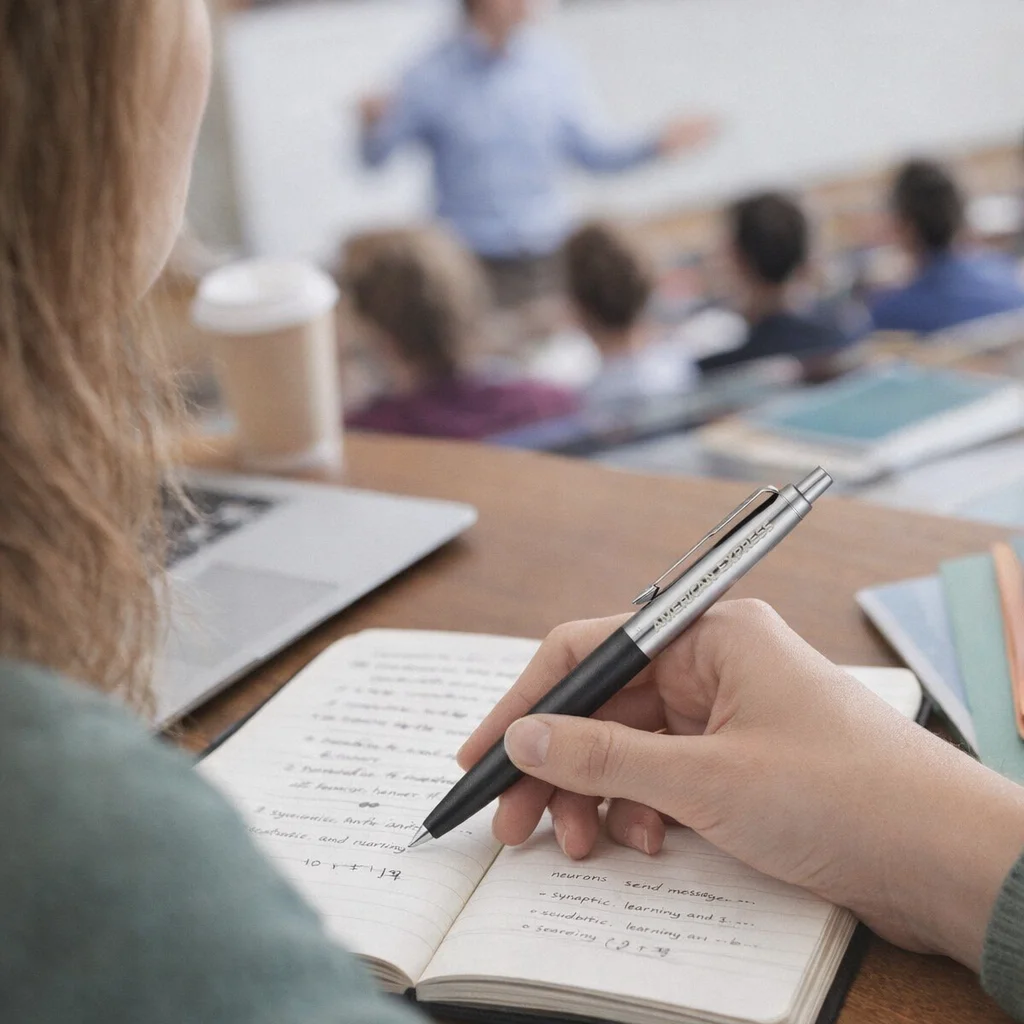 Student taking notes with a Parker Pen Jotter Series during a lecture, teacher blurred in background.