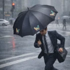 Man in suit runs across rainy city holding an Executive Compact Umbrella with a colorful logo.