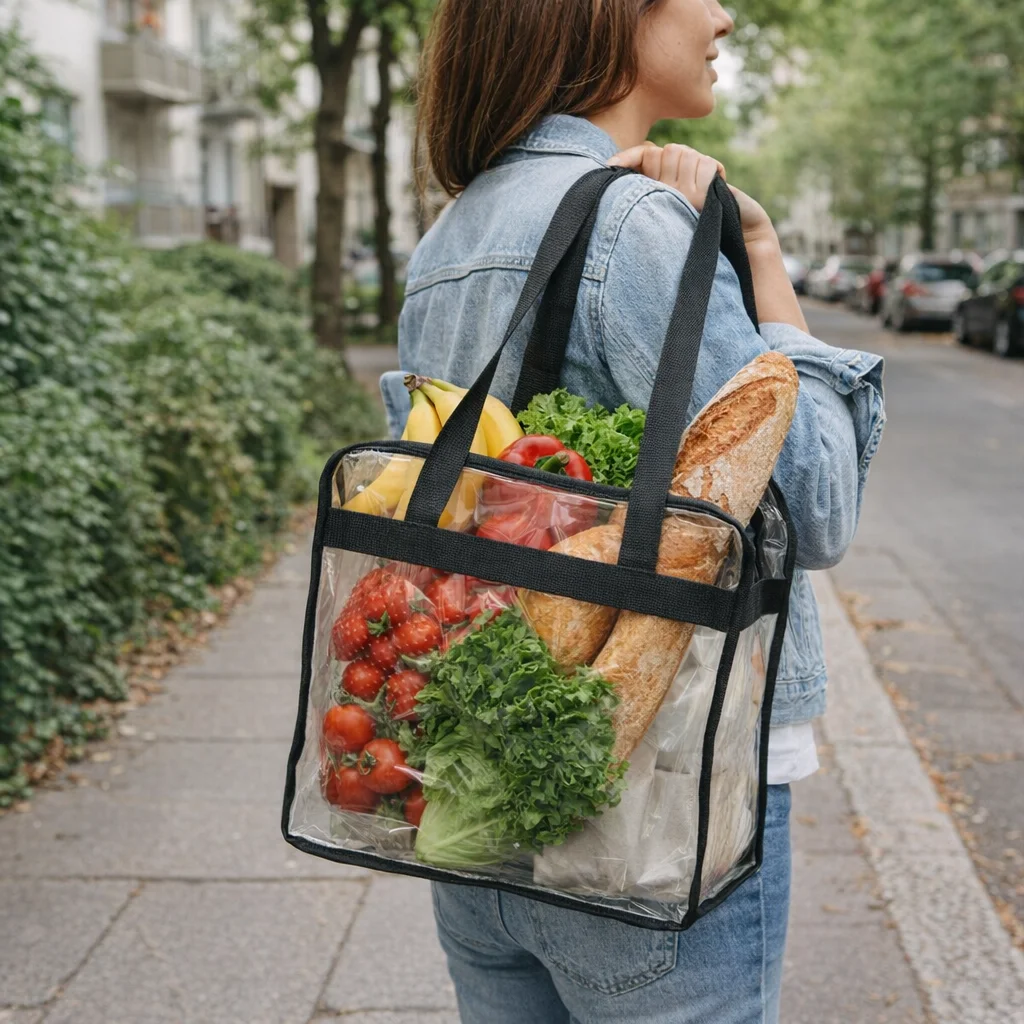 Woman with a Hooray! Game Day Clear Zippered Safety Tote 15L filled with produce on a city sidewalk.