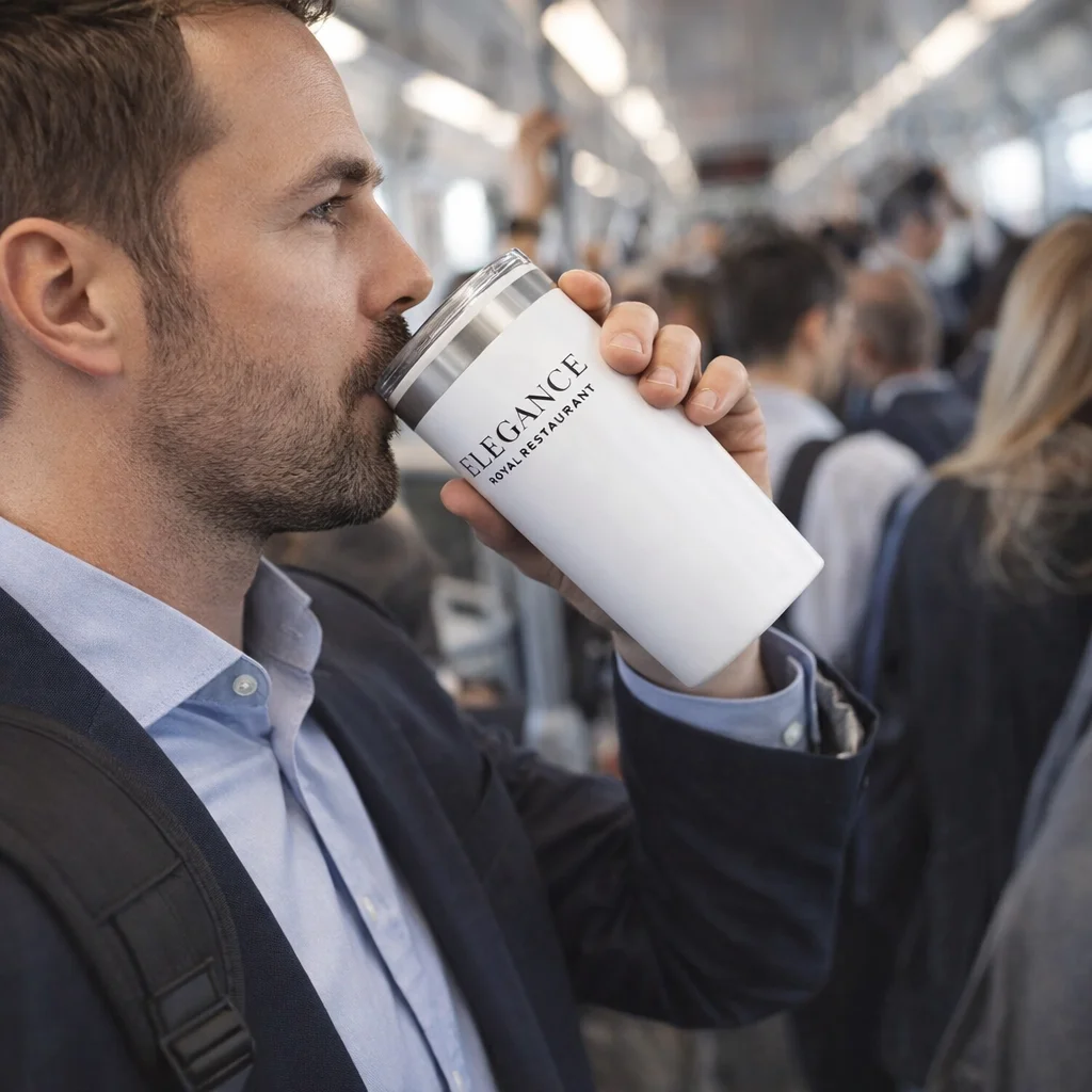 A man in a suit drinks from an Altona Double Wall Cup on a crowded train.