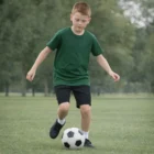 Boy in Youth Staple Tees plays soccer on a green grass field.
