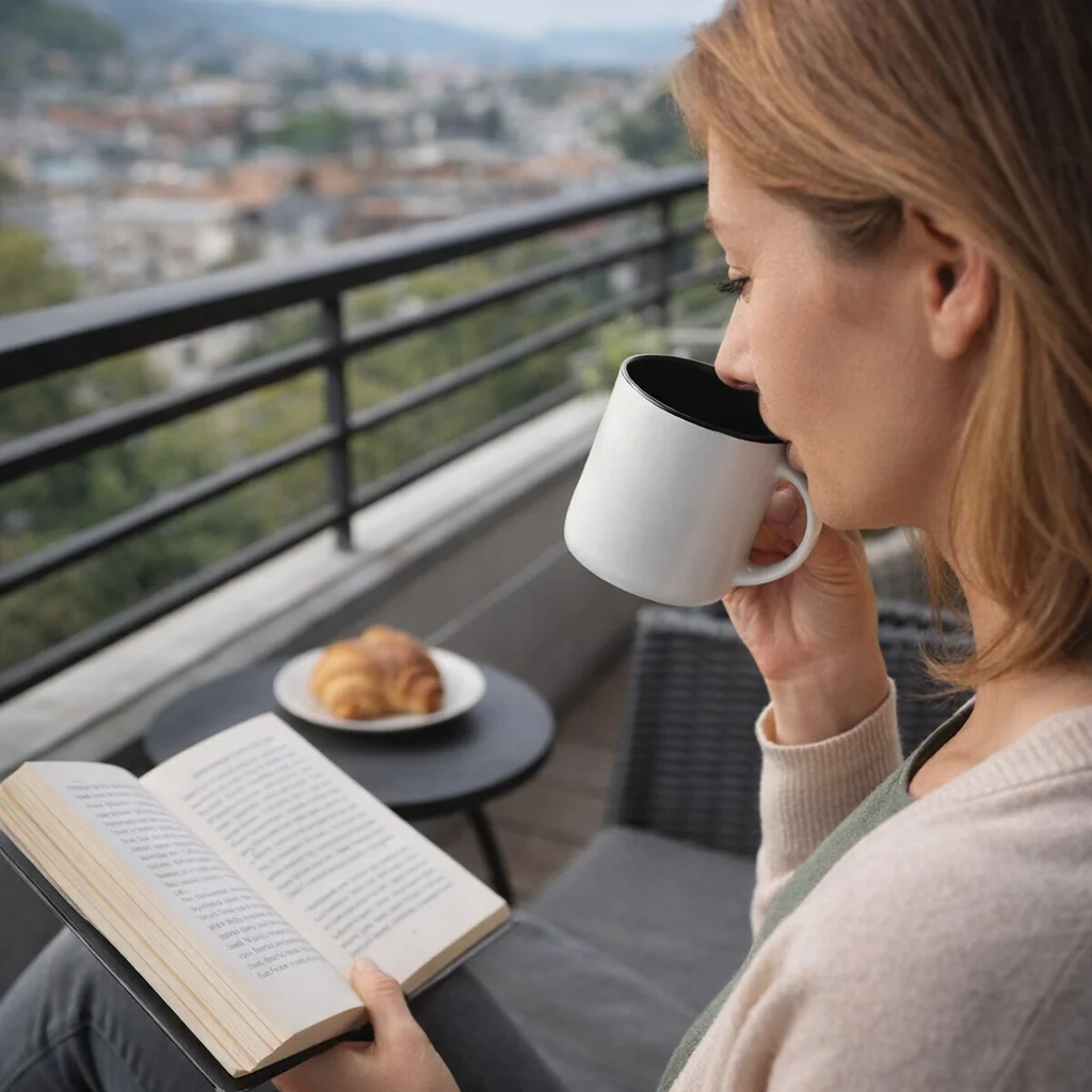 Woman on balcony with Taurus Ceramic Mug 350Ml In GiftBoxes, reading and enjoying croissants.
