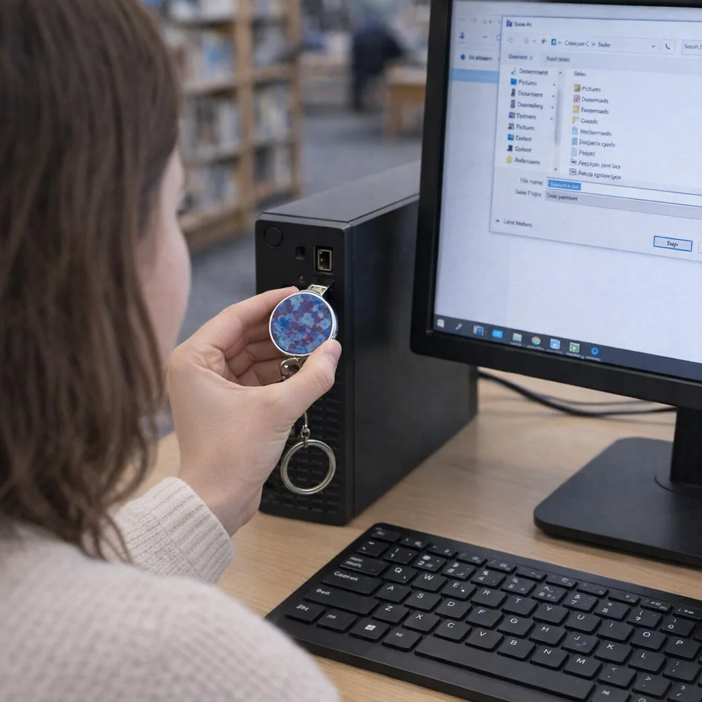 Person saves a file with a 16Gb Blossom Usb Stick at a library desktop computer.
