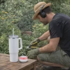 Man gardening with headphones; Dual Action Insulated Mugs + Bluetooth Speakers on table.