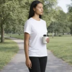Woman in Wo's Maple Organic Tees and black pants holds coffee cup while walking in park.