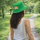 Woman wearing a Brimmed Sunshade Hat and white tank top walks on a path in a green park.