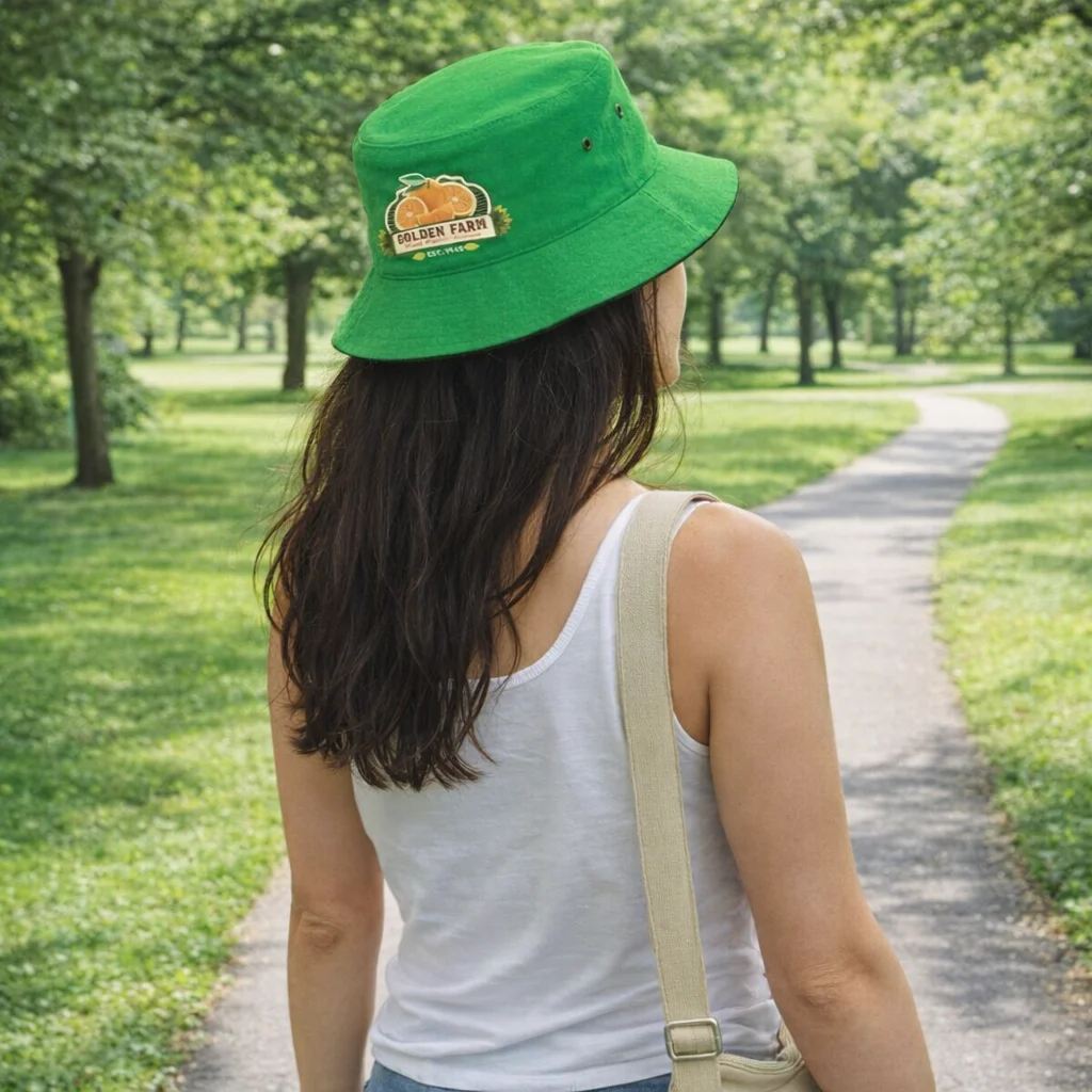 Woman wearing a Brimmed Sunshade Hat and white tank top walks on a path in a green park.