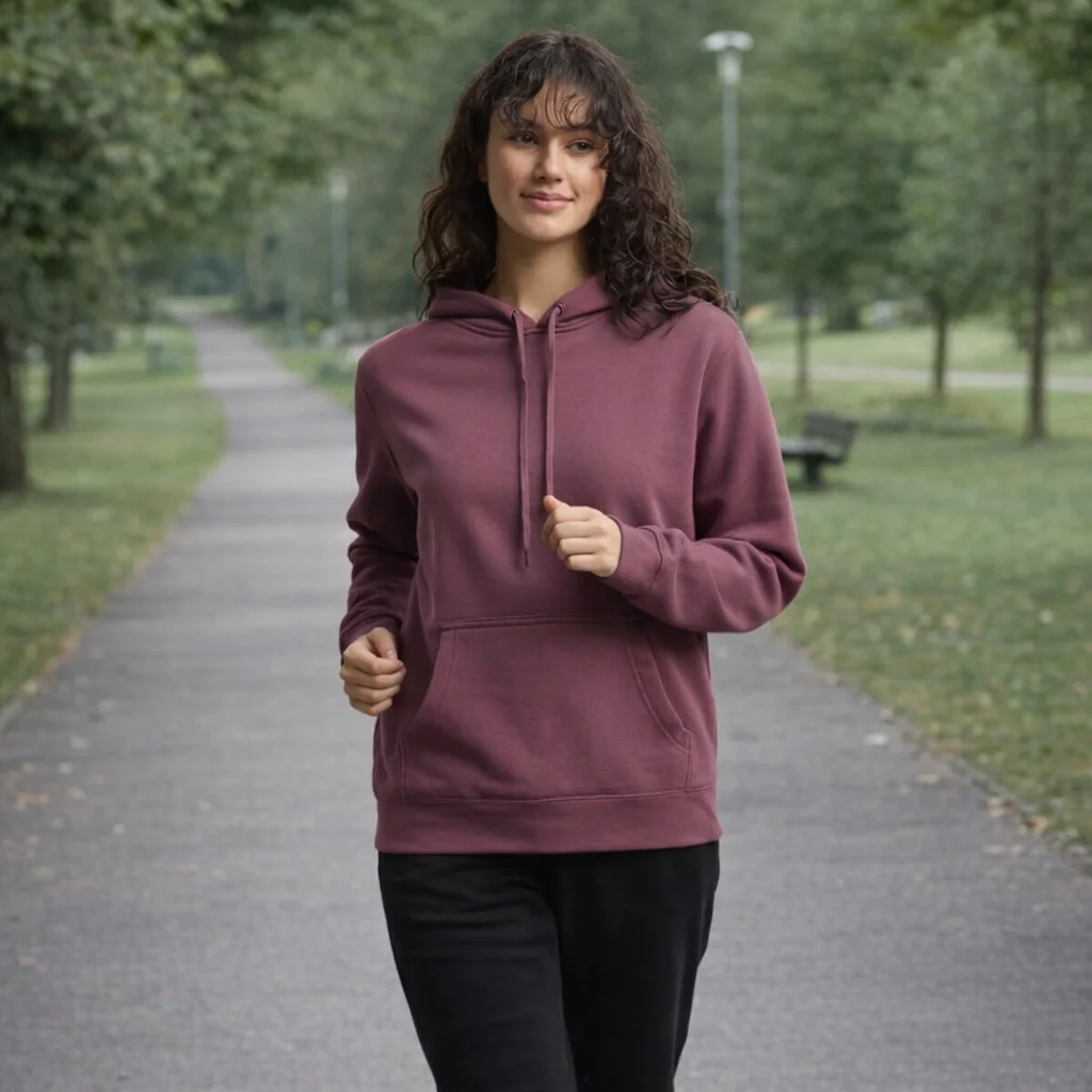 Woman in a maroon Wo's Stencil Hoodie walking on a tree-lined path in the park.