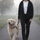 Person in Wo's Relax Zip Hoodie walking a golden retriever on a foggy park path.