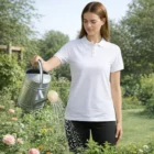 Woman in a Wo's Pique Polo waters flowers with a metal watering can.