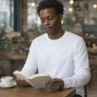 Man in Ink L/S Tee reading at a café table with coffee nearby.