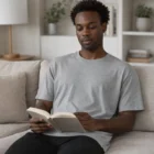 Man in Basic Tees sits on a sofa reading a book in a cozy, modern living room.