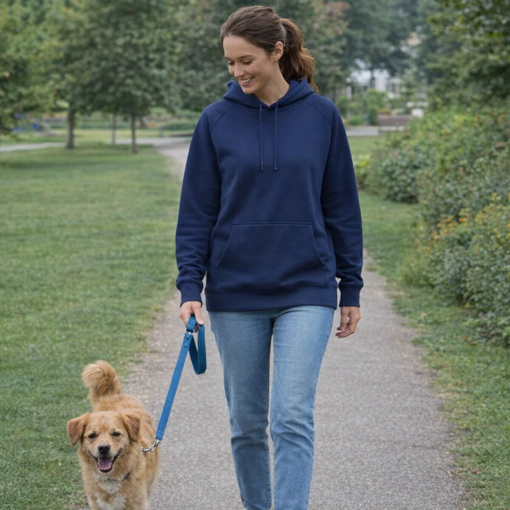 Woman in a Supply Hoods blue hoodie walks a brown dog on a leash in the park.