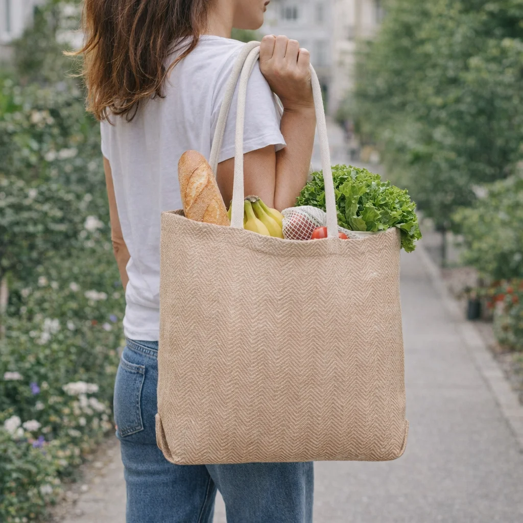 A woman carries a Skye Herringbone Pattern Jute Tote Bag filled with bread, lettuce, and bananas.