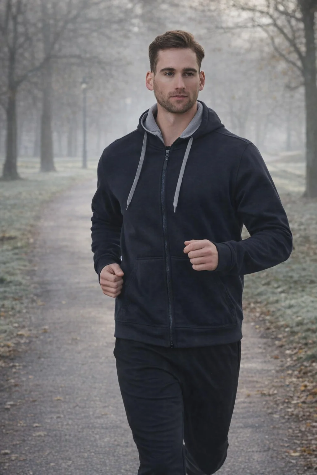 Man jogs in a foggy park wearing Men's Contrast Fleece Hoodies With Zip for warmth.