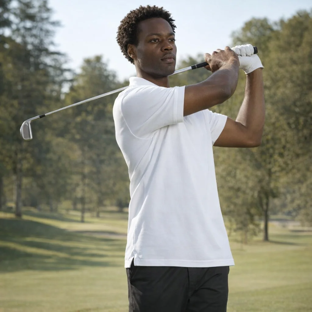 Man in Pique Polo holding a golf club on a tree-lined golf course.