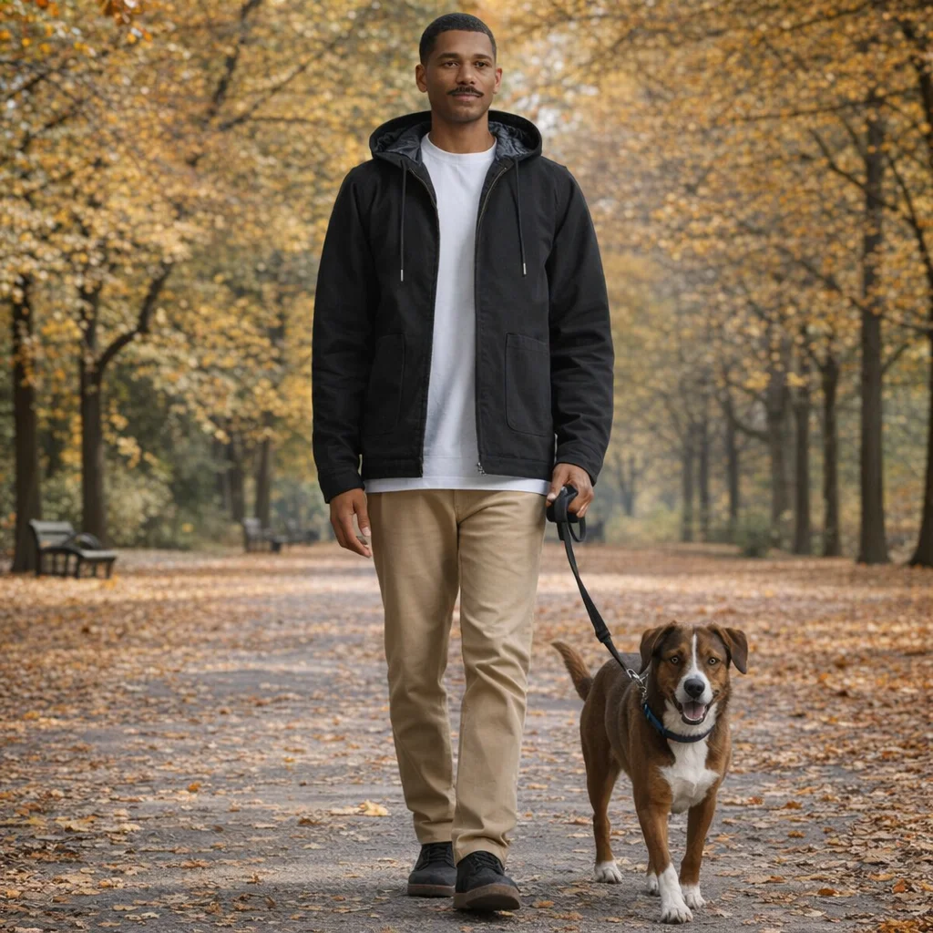 Man in Canvas Heavy Hooded Jacket walks a brown dog on autumn leaves in the park.