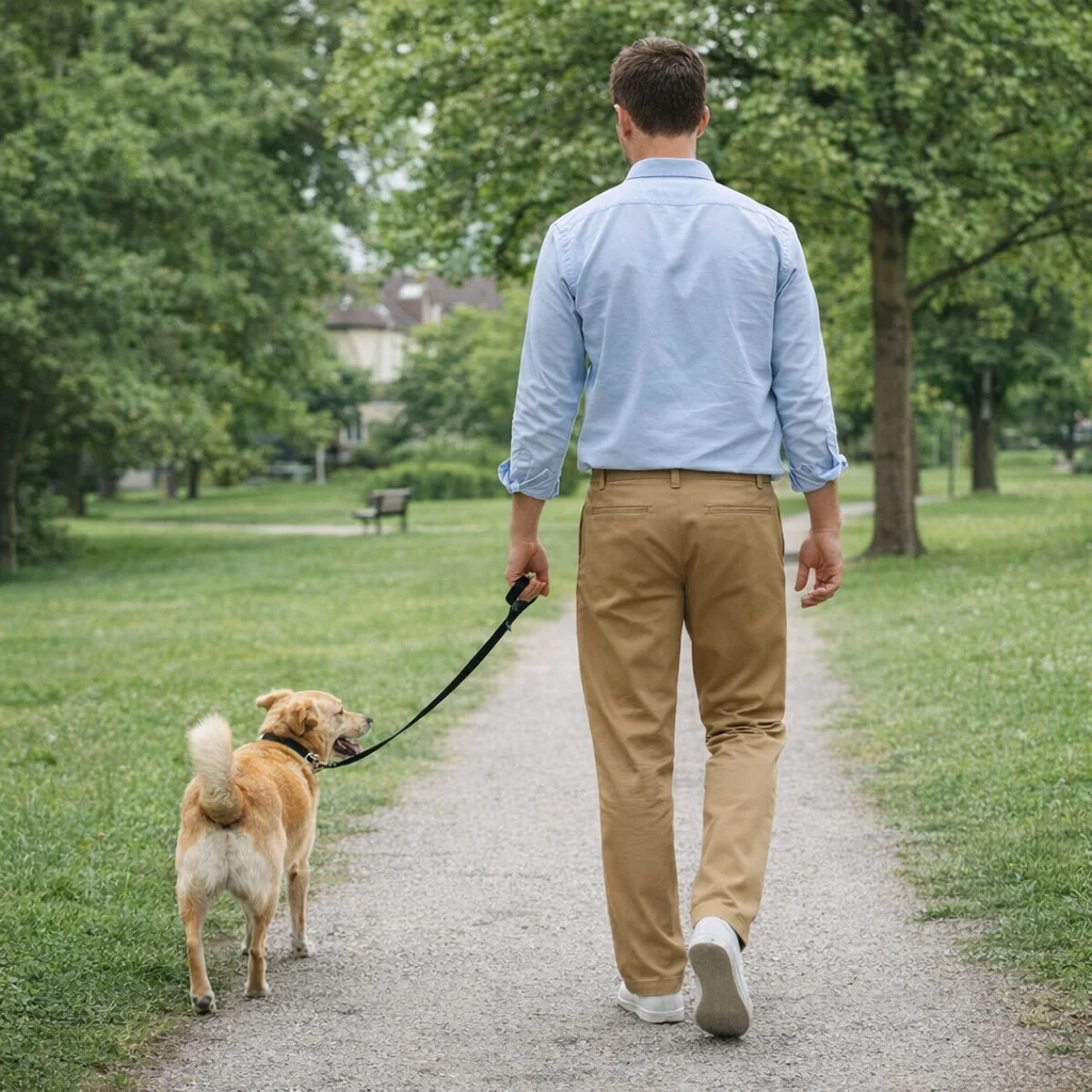 A man in Regular Pants walks his dog on a leash down a tree-lined park path.