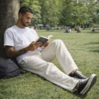 Man in linen pants reads a book while sitting against a tree in the park.