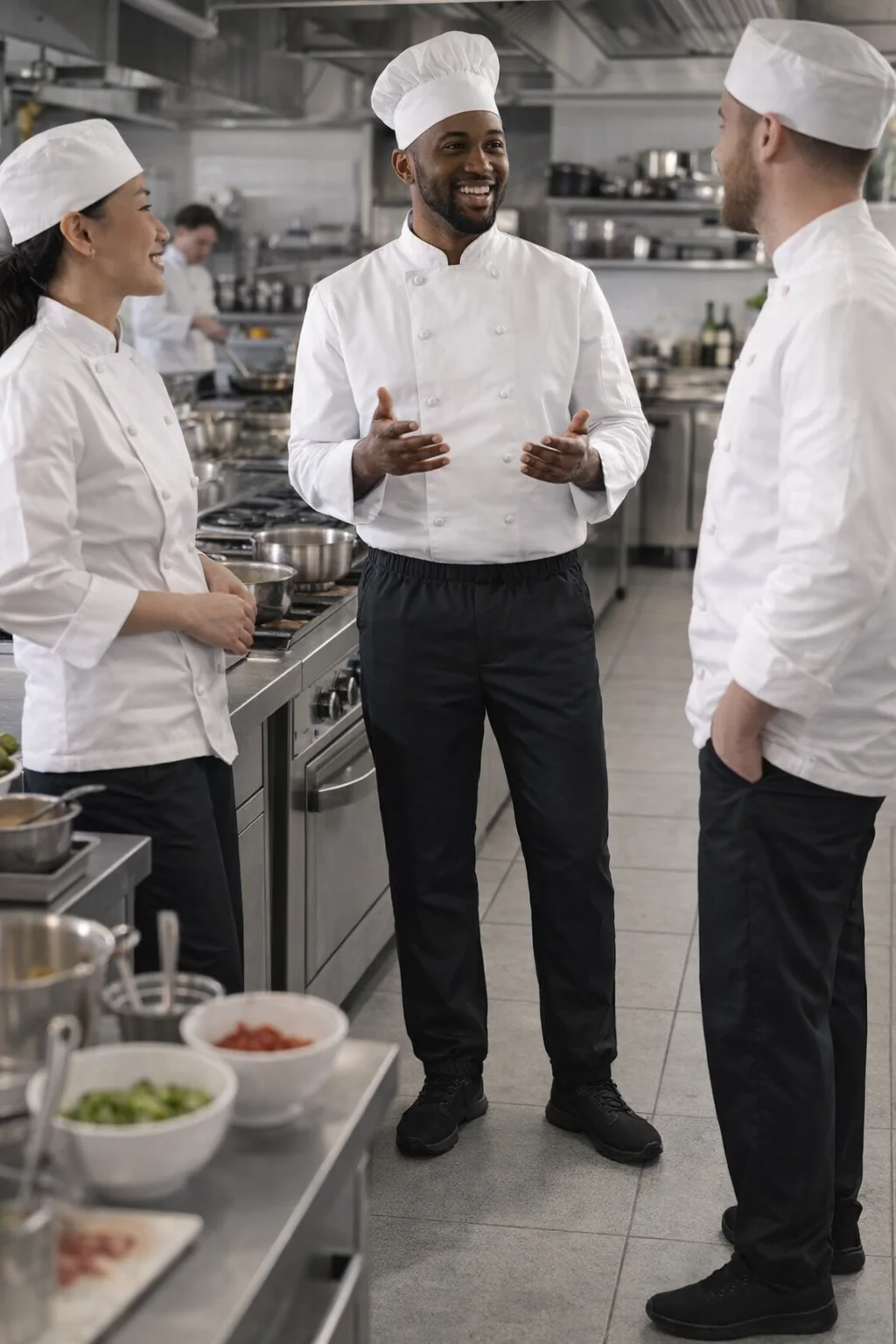 Three chefs in Spicemaster Jogger Pants chat and smile together in a commercial kitchen.
