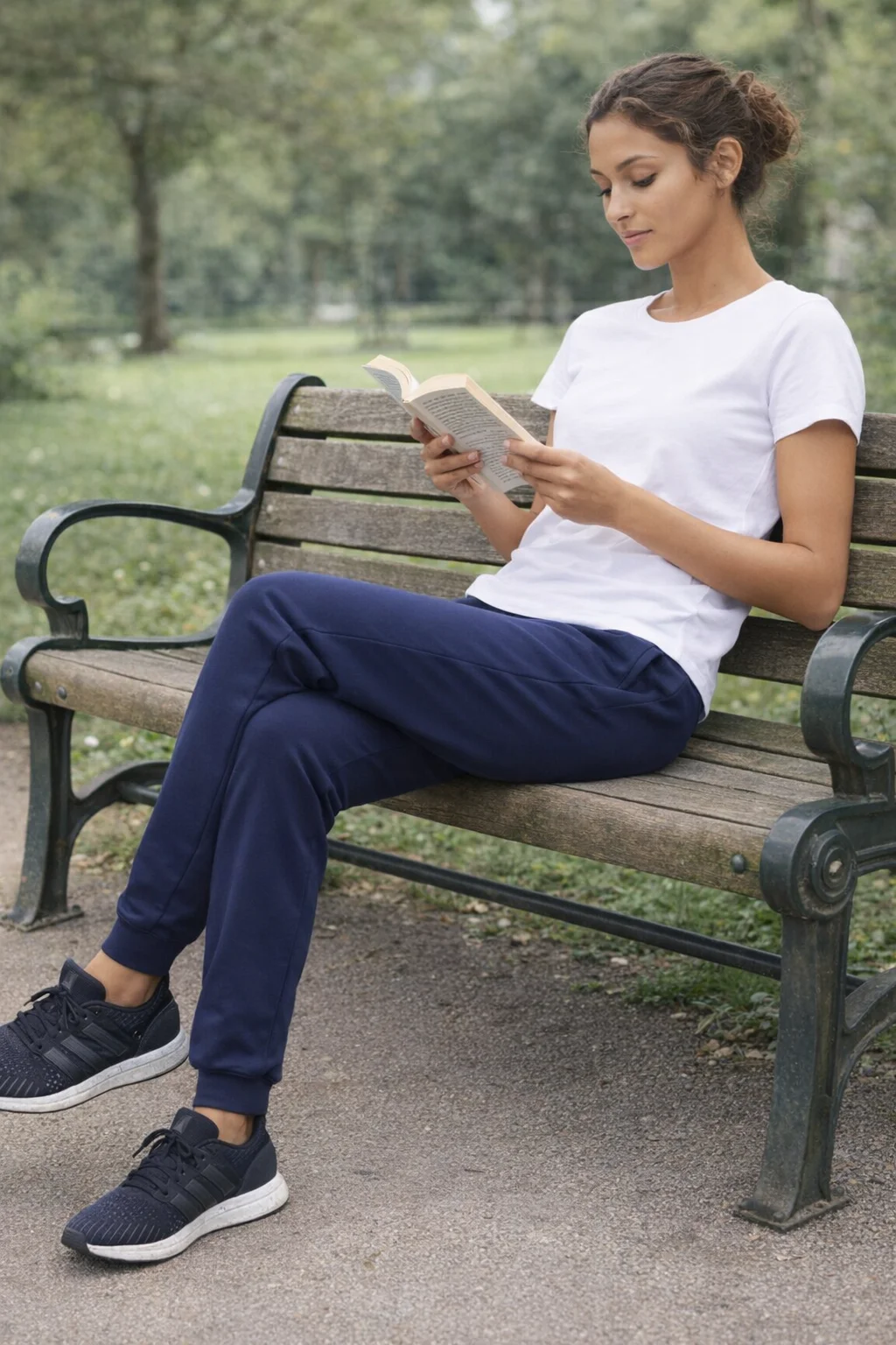 Woman wearing Victory Women's Pants sits on a park bench reading a book.