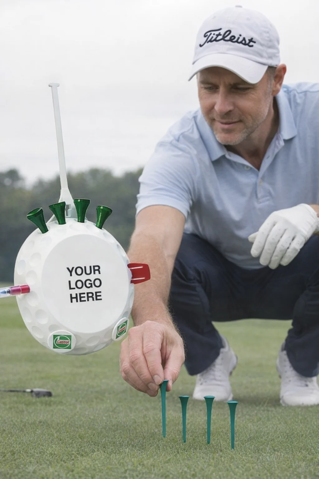 Golfer placing tees, featuring Corporate Bag Tags displaying YOUR LOGO HERE.