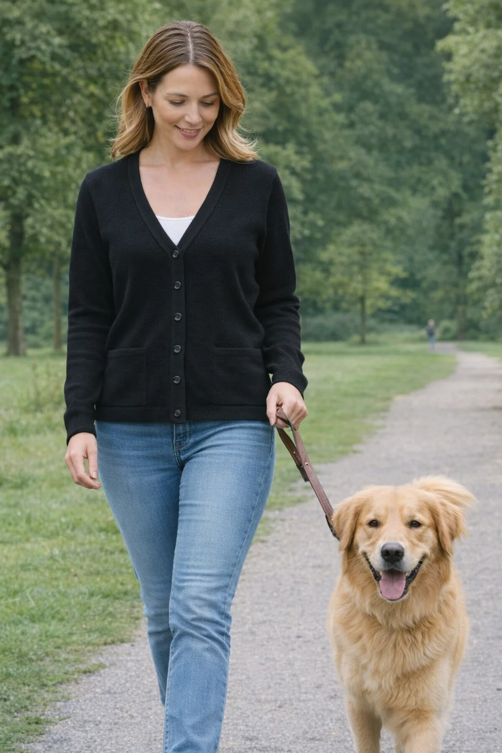 A woman in the park walks her golden retriever wearing a Cozy Knit Ladies Cardigan.