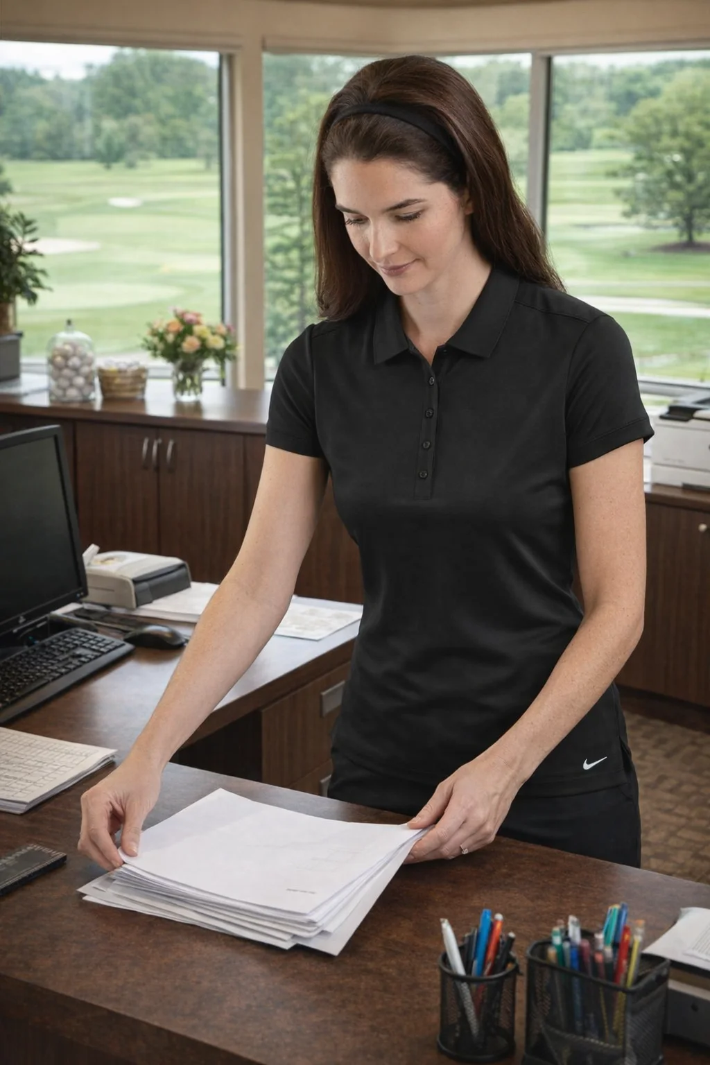 Woman in Nike Ladies Dri-FIT Icon Piqué Polo organizing papers at an office desk with windows.