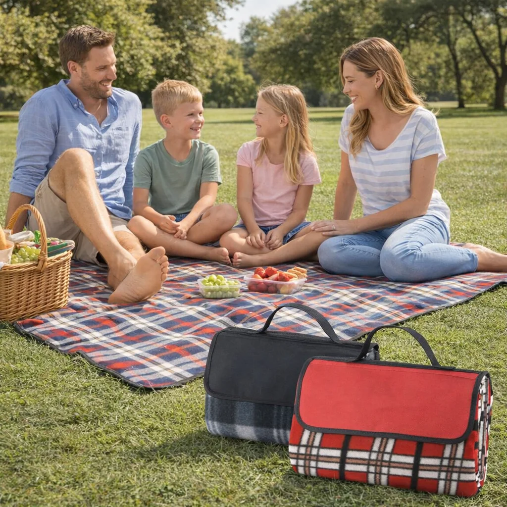 Family enjoying a picnic on a Harry Picnic Rug with food and a basket in the park.