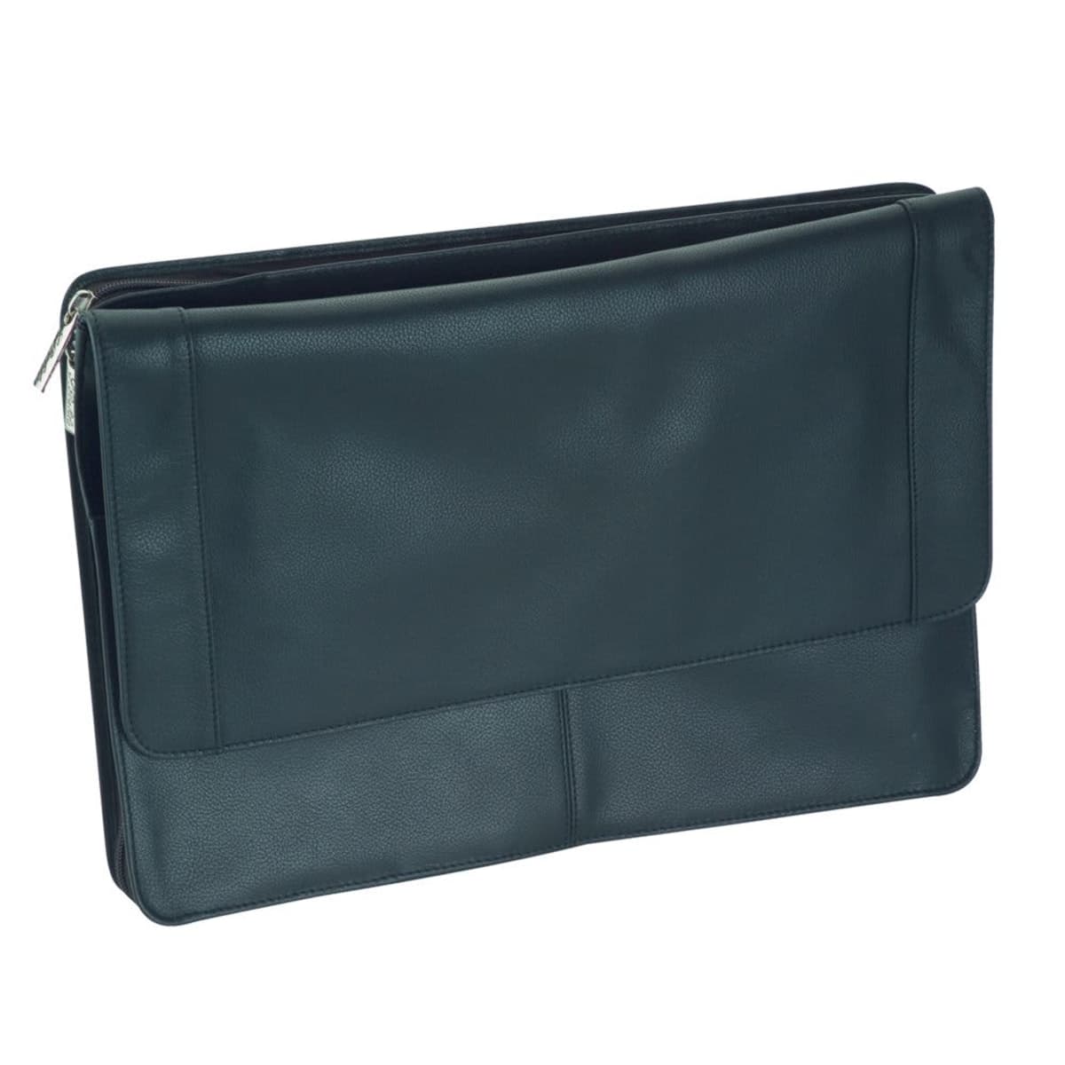 826.jpg Black leather portfolio or briefcase with a zipper and front flap, standing upright.