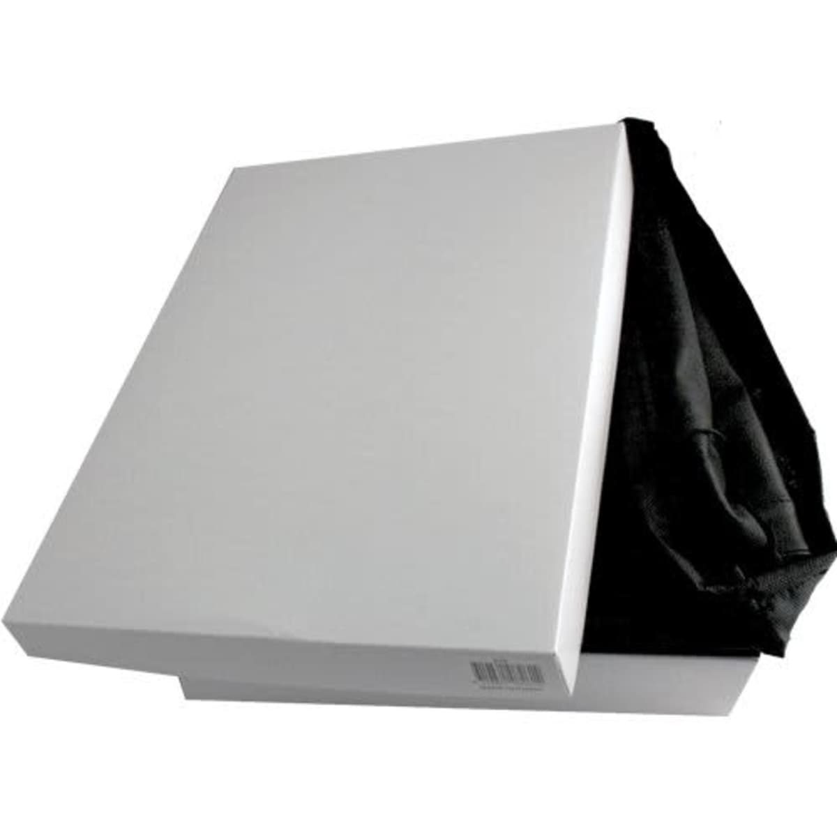 A white gift box with a black cloth partially draped over it.