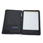 Open black portfolio with notepad, pen, and card slots visible inside.