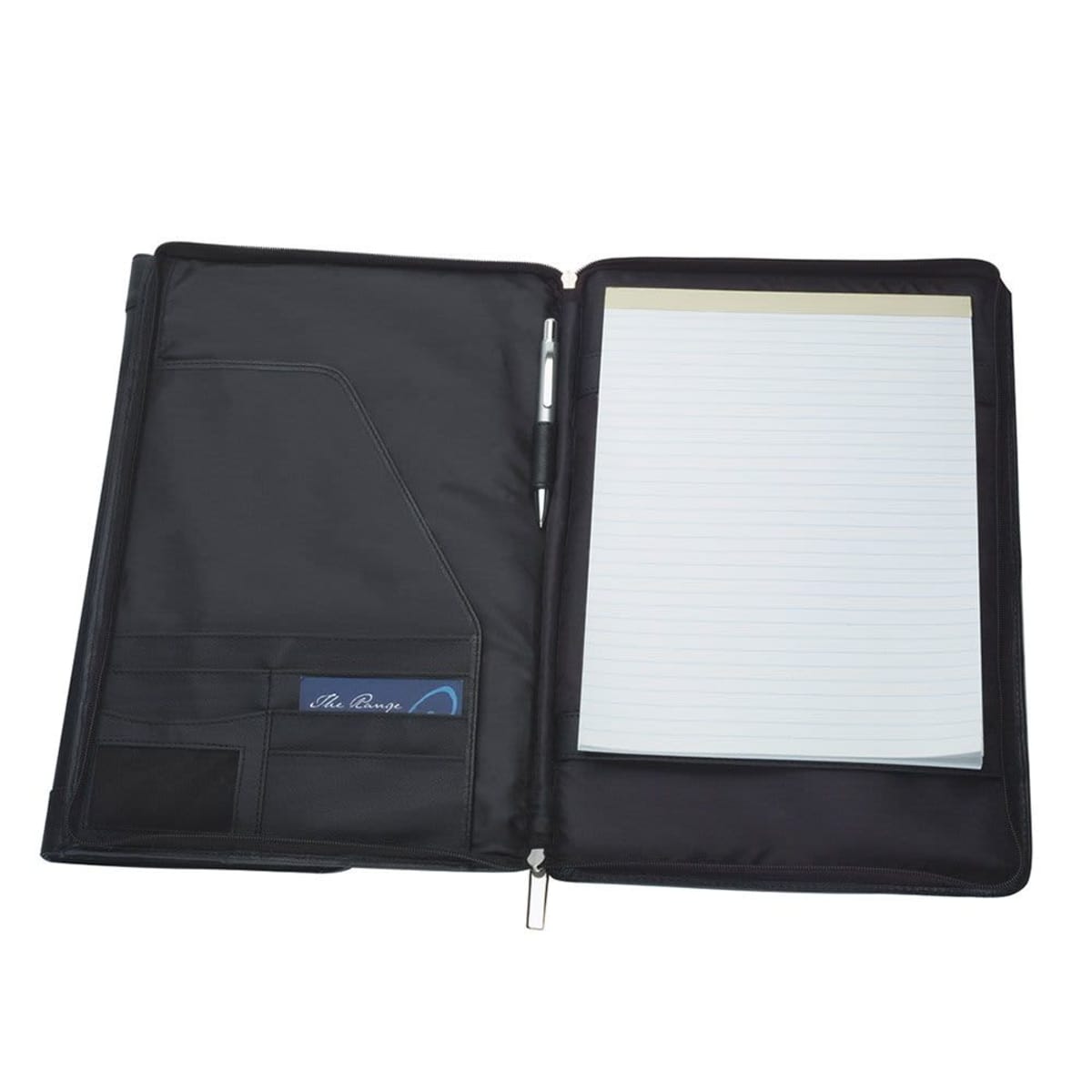 Open black portfolio with notepad, pen, and card slots visible inside.