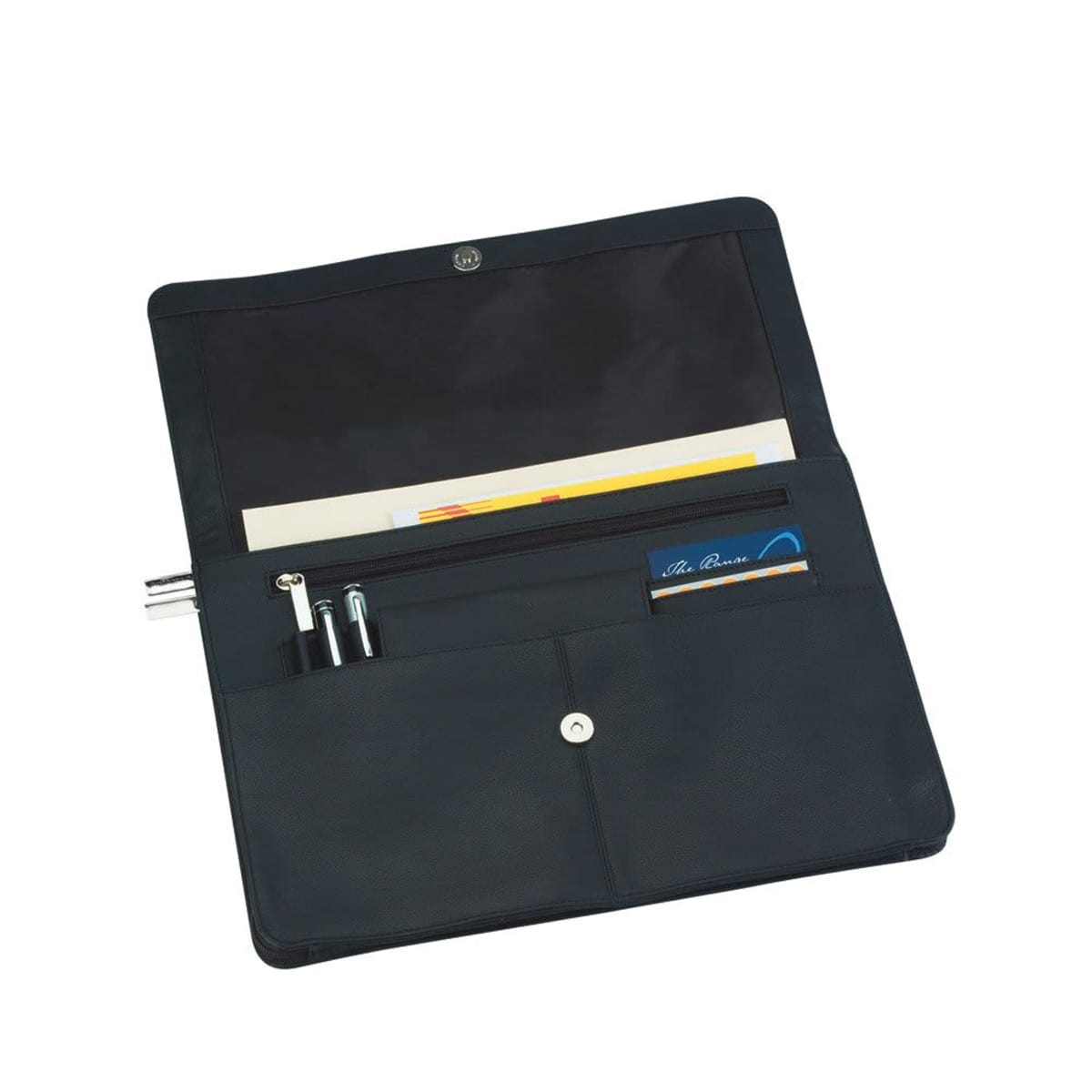Black leather folder open, showing pens, cards, and documents organized in pockets.