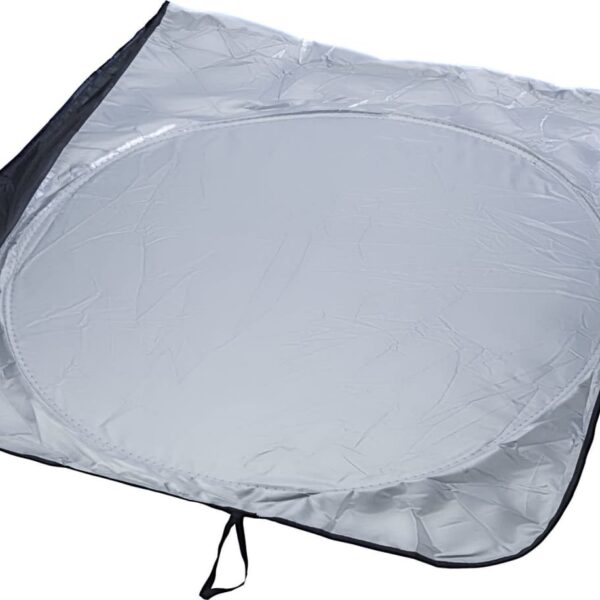 A silver Gina Car Sunshade is partly inside its sleek black storage pouch.