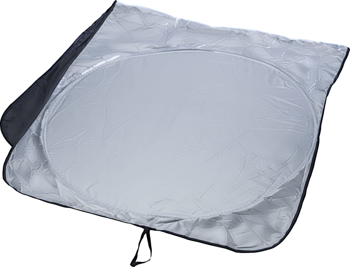 865205 A silver Gina Car Sunshade is partly inside its sleek black storage pouch.