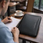 Taking notes at a cafe with a Soho Imitation Leather A4 Zippered Compendium and coffee.