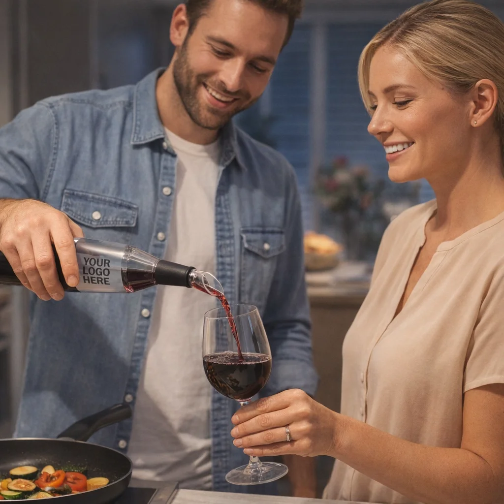 Smiling couple using Wine Pourer & Stoppers to serve red wine in a modern kitchen.