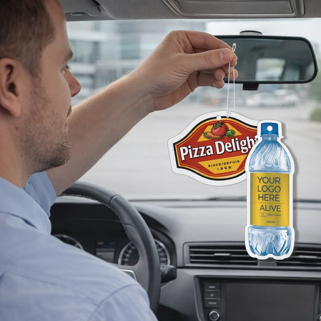 Man in car displays Promotional Car Air Fresheners shaped like a pizza sign and bottle.