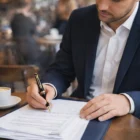 Man signing documents with a Waterman Expert Series pen, coffee cup nearby.