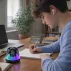 Young man studying with Pacific Magnetic Bluetooth Speaker Stands RGB and wireless earbuds.