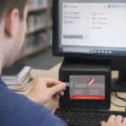 A person inserts a Usb Promotional Flashdisks into a desktop computer at the library.