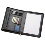 Open black zippered portfolio with pens, notepad, sticky notes, and card slots inside.